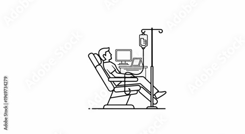 Person in reclining chair with IV drip, using a computer