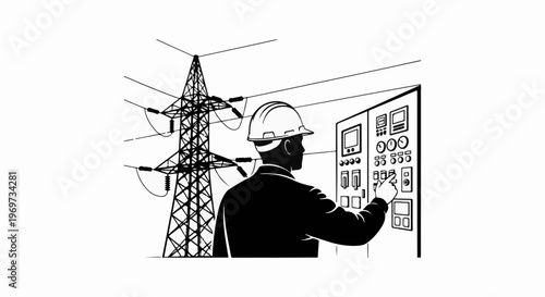 Engineer in hard hat interacts with control panel near power lines and tower