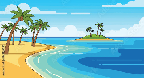 Tropical Beach Landscape with Palm Trees and Distant Island