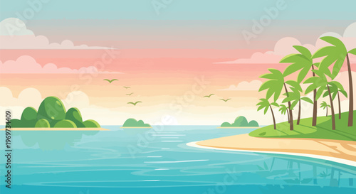 Tropical Island Beach Landscape with Palm Trees at Sunset