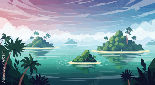 Tropical Islands in Calm Ocean at Sunset Vector Illustration