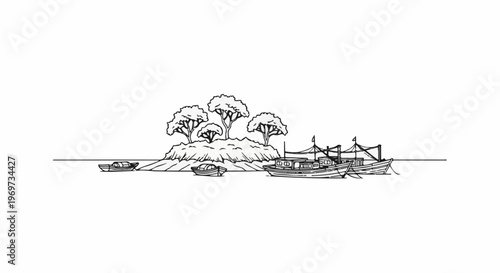 Sketch of boats docked near a small, tree-covered island in the water