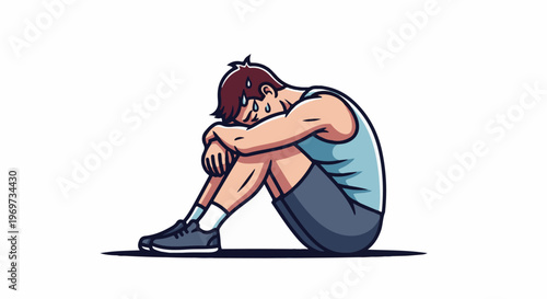 Exhausted person in athletic wear crouched down with head in lap