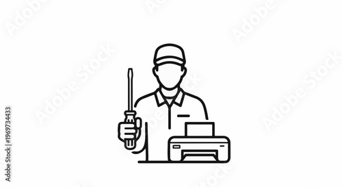 Person in uniform with tool and printer, suggesting repair
