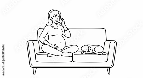 Pregnant woman on couch talking on phone with dog by side