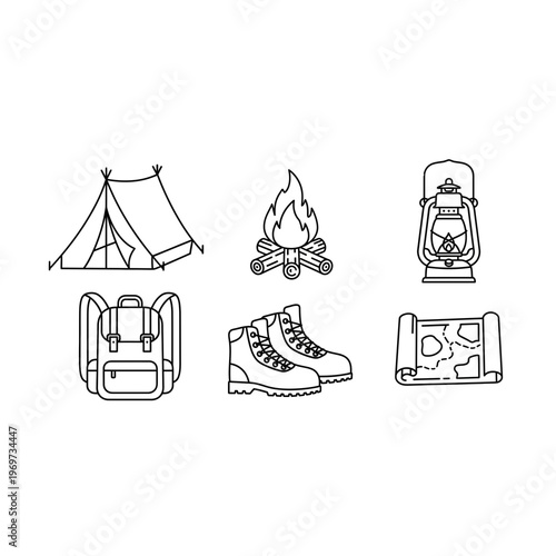A set of camping icons including a tent and hiking boot