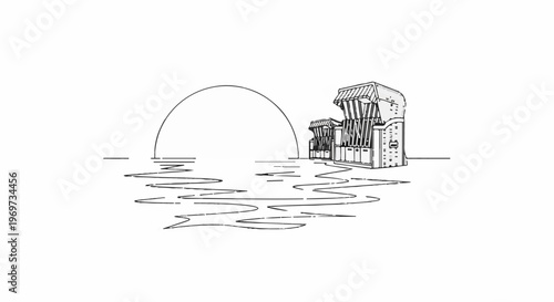 Sketch of beach chairs with striped awnings by the sea at sunset