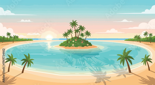 Tropical Island Paradise with Palm Trees and Turquoise Sea at Sunset
