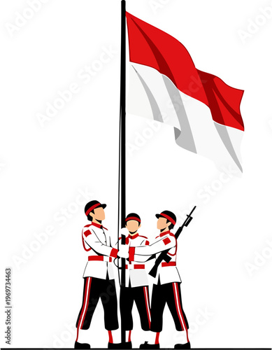 A powerful vector illustration capturing the dignified moment of the Indonesian flag-raising ceremony, with honor guards demonstrating national pride, unity, and the enduring spirit of independence