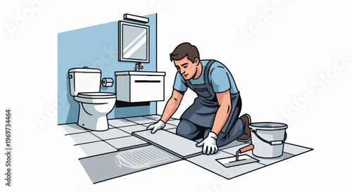Person installing tiles in a bathroom with sink, toilet, and mirror