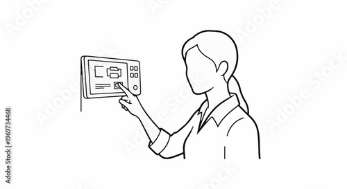 Person interacting with a touch screen interface on a wall-mounted device