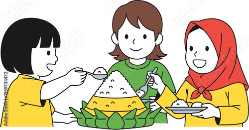 Joyful children engage in the traditional preparation of a celebratory conical rice dish, fostering community spirit and cultural heritage through shared culinary experience