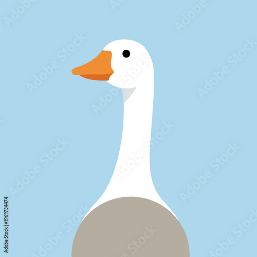 White goose head and neck, orange beak, light blue background, vector illustration.