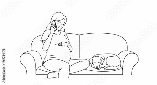 Pregnant woman on couch talks on phone, sleeping dog nearby