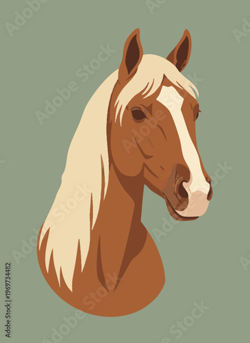 Brown horse head portrait with flowing mane isolated on muted green background, vector illustration.
