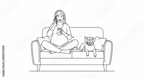 Pregnant woman on sofa with coffee and dog, talking on phone