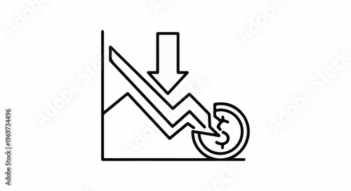 Falling graph line towards a broken dollar coin with a downward arrow