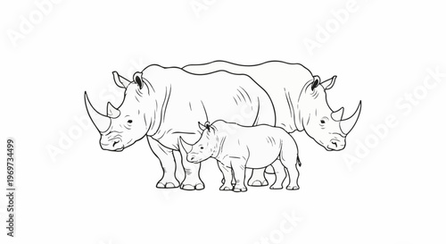 Family of rhinos, adult and young, in a simple outline drawing