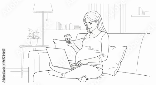 Pregnant woman relaxing at home, using a laptop and credit card for online shopping