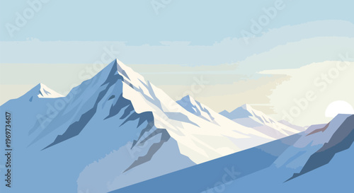 Minimalist Vector Illustration of Snowy Mountain Peaks at Sunrise