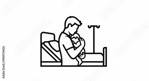 Father cradles baby next to hospital bed with IV stand