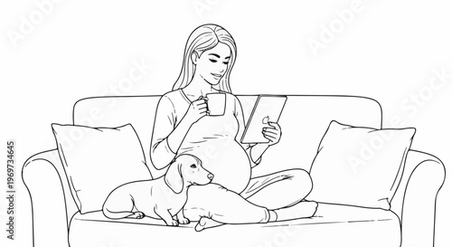 Pregnant woman relaxing on a couch with a dog and tablet