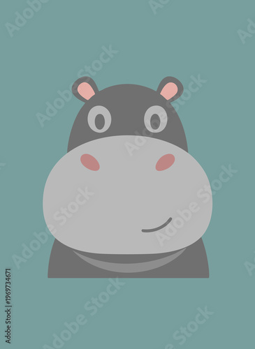 Happy hippopotamus face cartoon, cute hippo illustration, simple flat vector art with big smile on teal background.