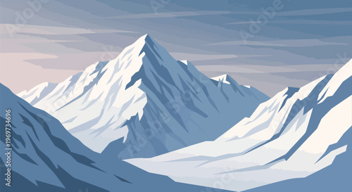 Minimalist Vector Illustration of Snowy Mountain Peaks in Blue Tones