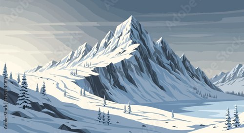 Majestic Snowy Mountain Peak Landscape with Pine Trees and Glacial Valley