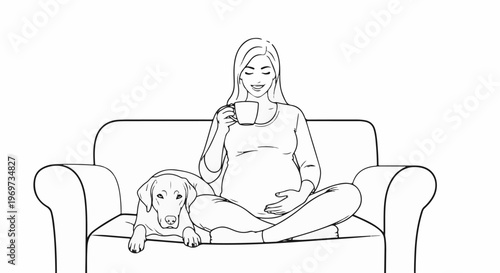 Pregnant woman relaxing on couch with dog and cup of tea