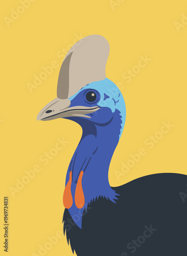 Cassowary bird with blue head and casque, illustrated in a clean, modern, vector art style against a bright yellow background.
