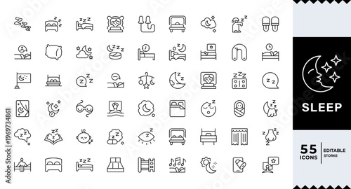 Sleep icon set. Containing bedroom, dream, pillow, sleeping, earplugs, moon, rest, lullaby, night, insomnia, bed, Editable line icons.