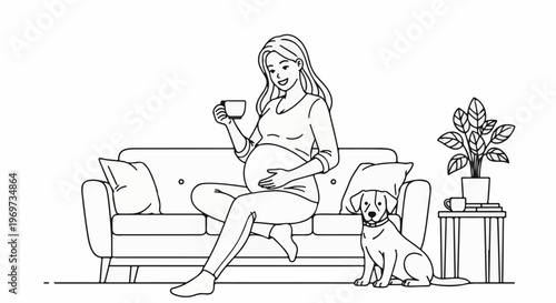 Pregnant woman sitting on couch with dog and coffee, indoor scene