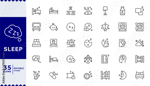 Sleep icon set. Containing bedroom, dream, pillow, sleeping, earplugs, moon, rest, lullaby, night, insomnia, bed, Editable line icons.