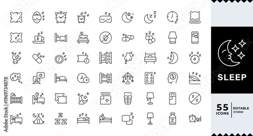 Sleep icon set. Containing bedroom, dream, pillow, sleeping, earplugs, moon, rest, lullaby, night, insomnia, bed, Editable line icons.