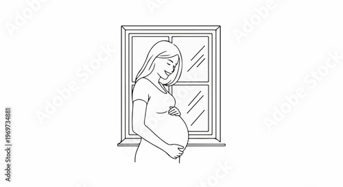 Pregnant woman smiles, holding belly in front of window