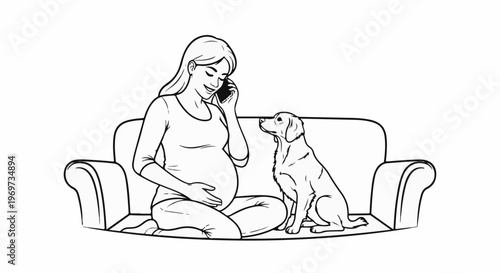 Pregnant woman talks on phone with dog on couch