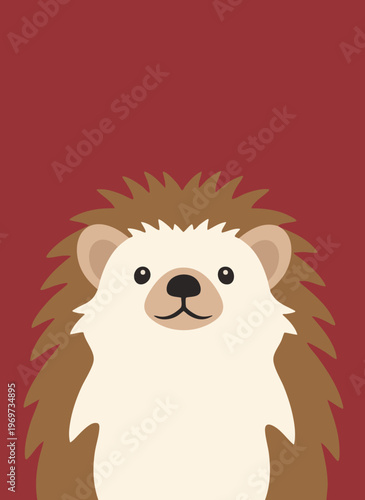Charming cartoon hedgehog face, with spiky quills and cute eyes, presented in a friendly vector art style on a deep red background.