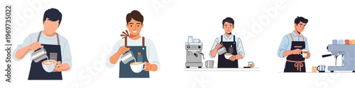 A barista wearing a apron preparing a latte, minimalist flat vector style, no borders, clean and modern, white backdrop.
