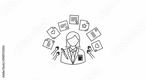 Professional woman surrounded by documents, reaching hands, and calculator