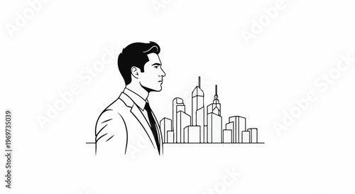 Profile of a man in a suit looking at a city skyline