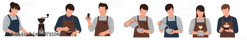 A barista wearing a apron preparing a latte, minimalist flat vector style, no borders, clean and modern, white backdrop.