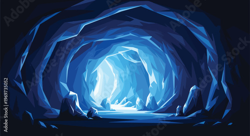 Abstract Blue Ice Cave Tunnel with Glowing Light Entrance