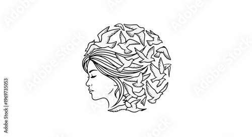 Profile of a woman with flowing hair interwoven with flying birds