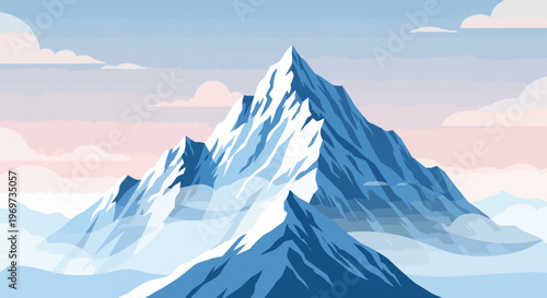 Minimalist Vector Illustration of Majestic Snowy Mountain Peaks at Sunset