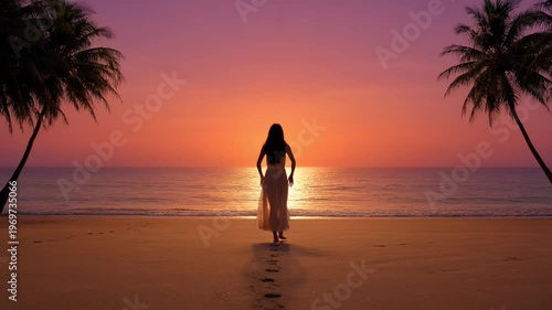 Woman walking along tropical beach at sunset between two silhouetted palm tree trunks