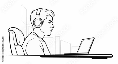 Profile of a young person with headphones, focused on a laptop screen