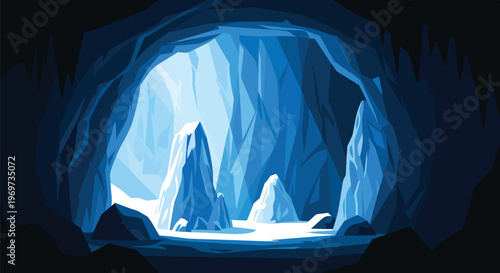 Abstract Digital Illustration of a Blue Ice Cave Interior with Glowing Light