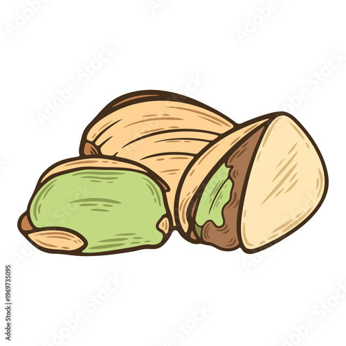 Pistachio in a shell, closed, cracked and open, salty snack, colourful, hand-drawn illustration, line art contour, isolated