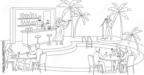 Vector illustration of a couple dancing at a tropical poolside bar with a singer and people enjoying drinks